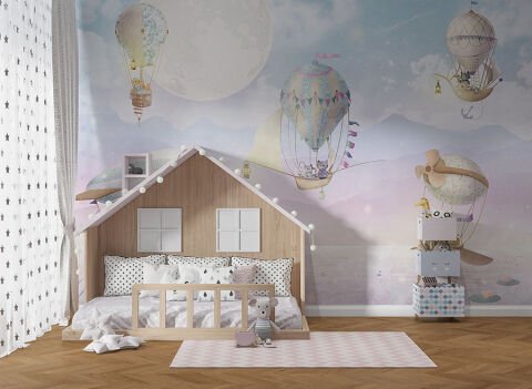 Bebek Odası Balonla Uçan Tatlı Hayvanlar Ay ve Gökyüzü Rahatlatıcı Duvar Kağıdı