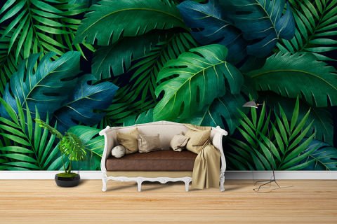 Tropikal Orman Yaprakları Salon Duvar Kağıdı
