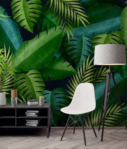 Tropikal Orman Yaprakları Salon Cafe Duvar Kağıdı