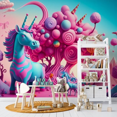 3D 3 Boyutlu Unicorn Kız Çocuk Odası Duvar Kağıdı