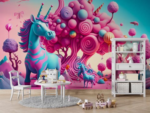 3D 3 Boyutlu Unicorn Kız Çocuk Odası Duvar Kağıdı