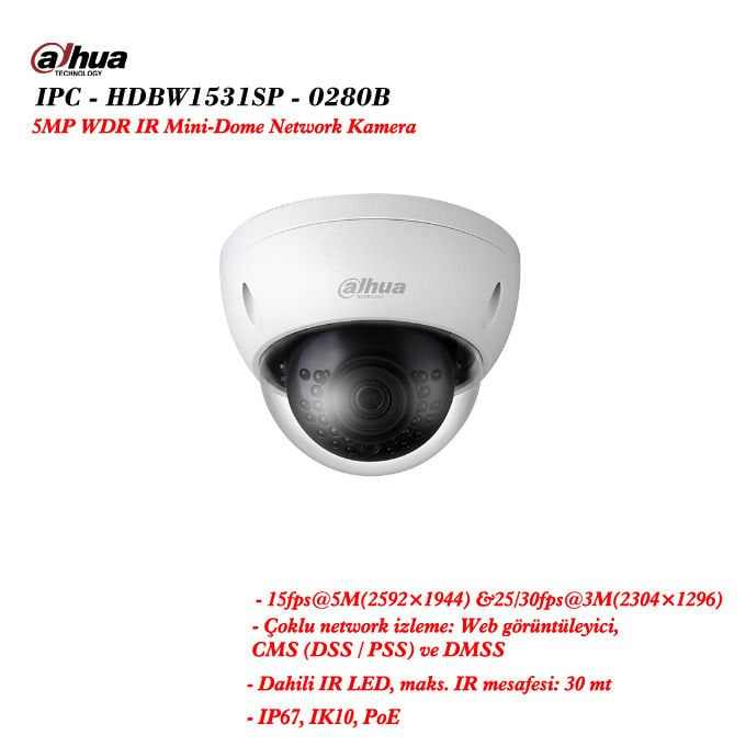 DAHUA IPC-HDBW1531E-S-0280B 5MP WDR IR Mini-Dome Network Kamera