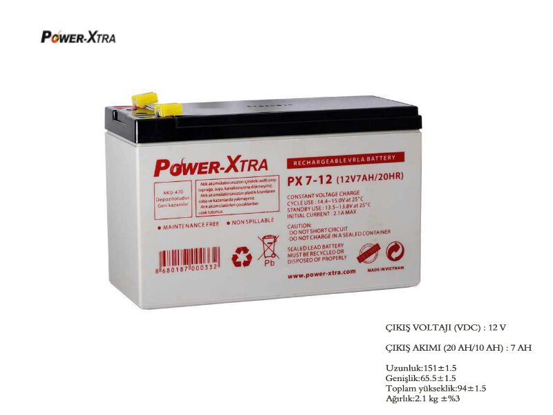 Power-Xtra PX7-12(28W)F1 - 12V 7 Ah F1 Pin Bakımsız Kuru Akü