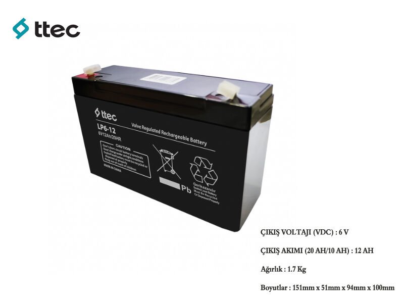 6 Volt 12 Amper Kuru Tip Akü TTEC
