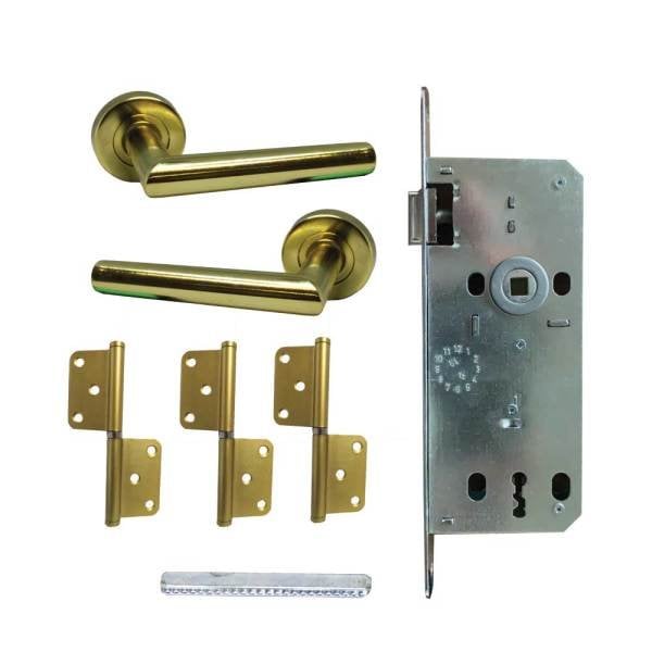 Gold yellow stainless door handle hinge and room lock as a set