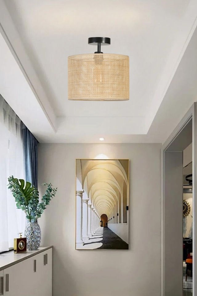 ÖRGÜLÜ RATTAN ABAJURLU PLAFONYER AVİZE