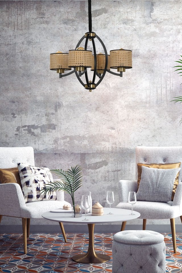 PAUL 4 LÜ SİYAH AVİZE RATTAN ABAJURLU