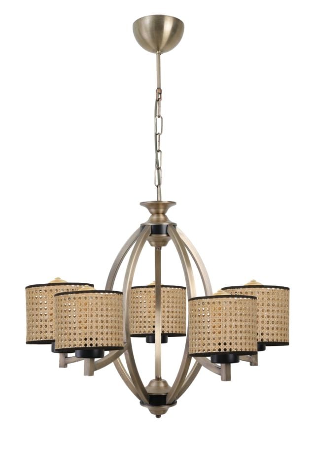 PAUL 5 Lİ ESKİTME AVİZE RATTAN ABAJURLU