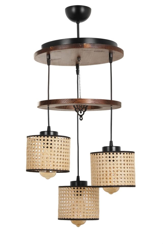 DAVİD 3 LÜ TEPSİLİ CEVİZ RATTAN ABAJURLU SARKIT