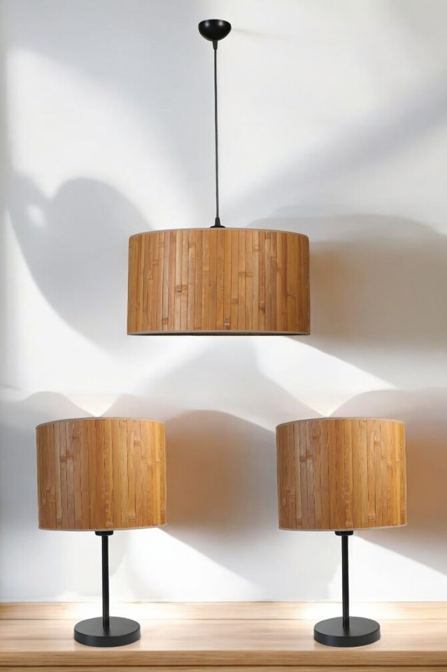 BAMBU 01 ABAJUR AVİZE 3 LÜ SET