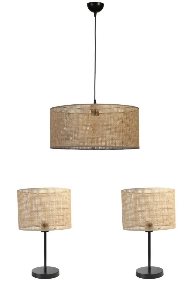 ÖRGÜLÜ RATTAN ABAJUR AVİZE 3 LÜ SET