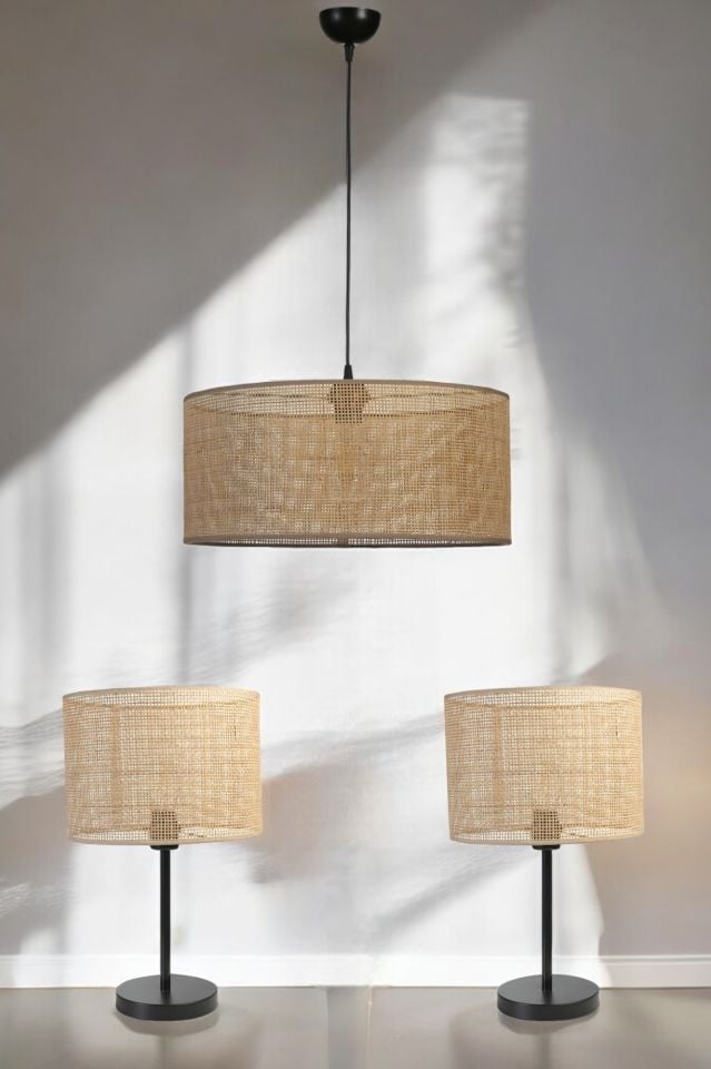ÖRGÜLÜ RATTAN ABAJUR AVİZE 3 LÜ SET
