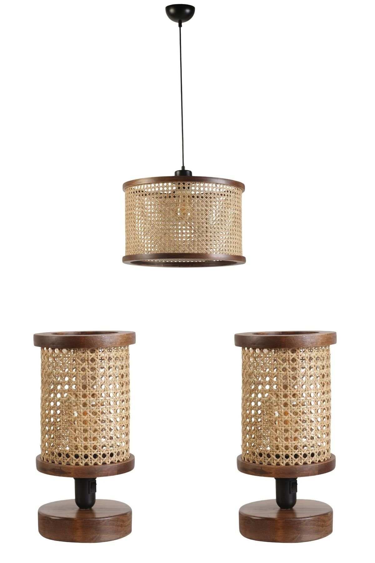 GİZEM ABAJUR AVİZE 3 LÜ CEVİZ SET