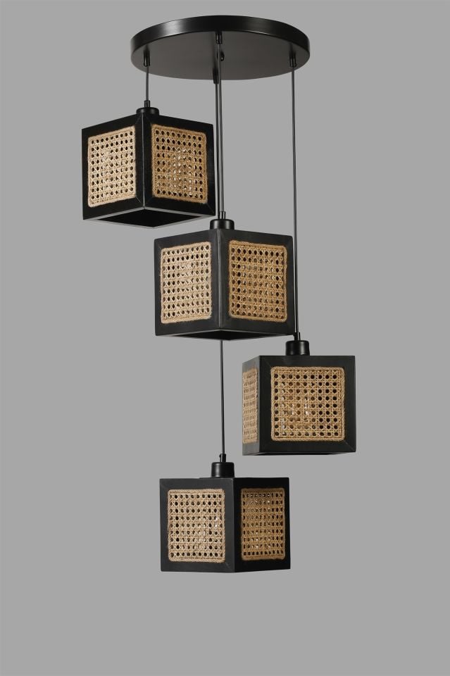 KUMSAL 4 LÜ TEPSİLİ SİYAH RATTAN AVİZE