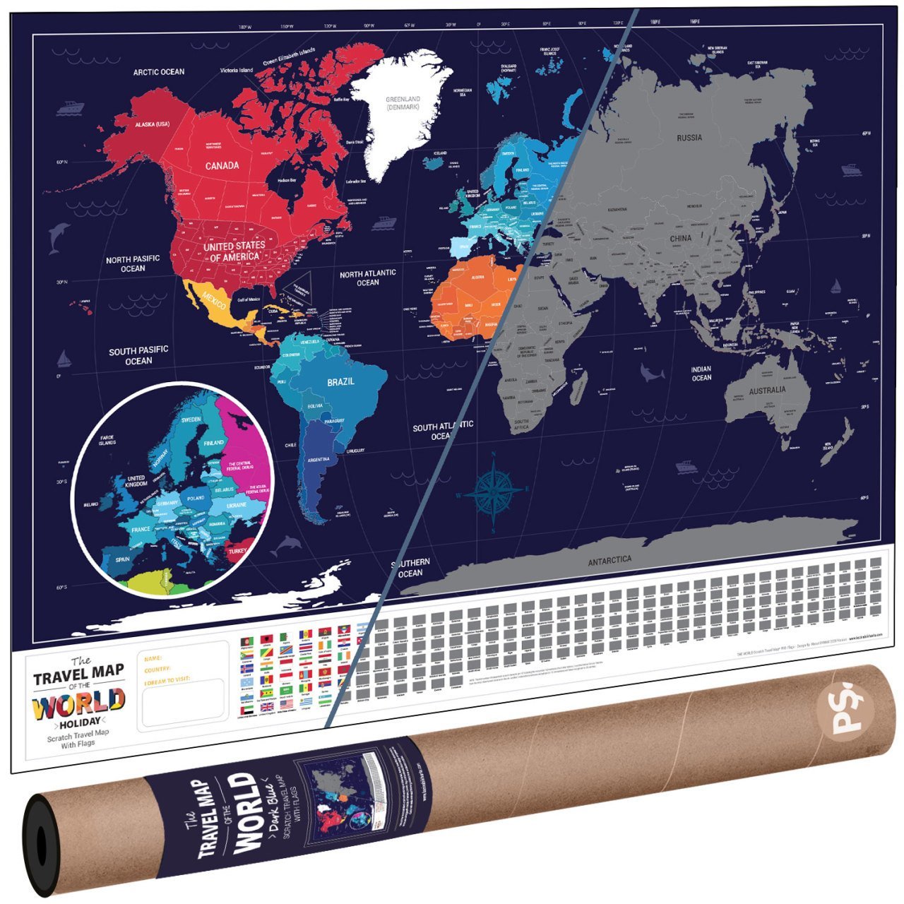 Kazınabilir Dünya Haritası (Koyu Mavi) 70x100 cm Scratch Map