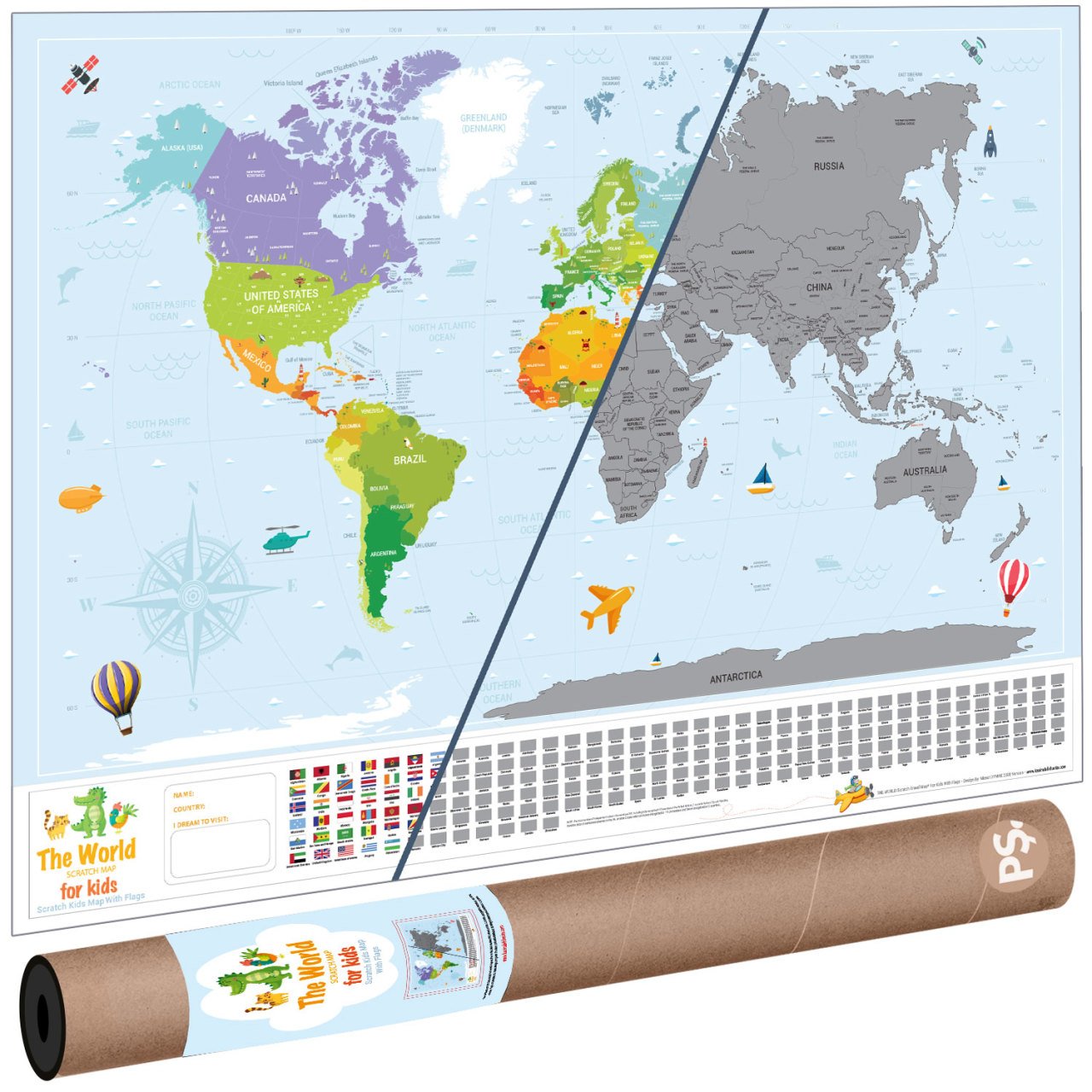 Kazınabilir Dünya Haritası (Çocuklar İçin) 70x100 cm Scratch Map