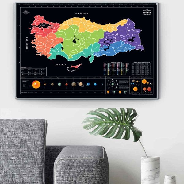 Kazınabilir İl Plakalı Alan Kodlu Türkiye Haritası 50x70 cm Scratch Map