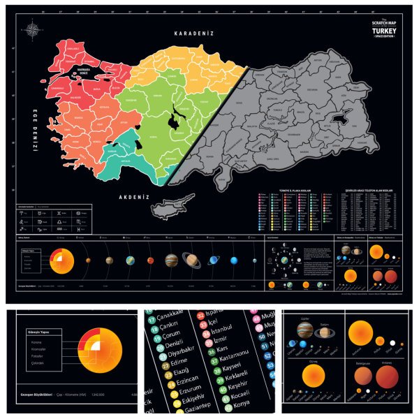 Kazınabilir İl Plakalı Alan Kodlu Türkiye Haritası 50x70 cm Scratch Map