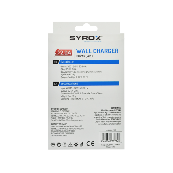 Syrox USB Güç Adaptörü 2.0A Duvar Şarjı