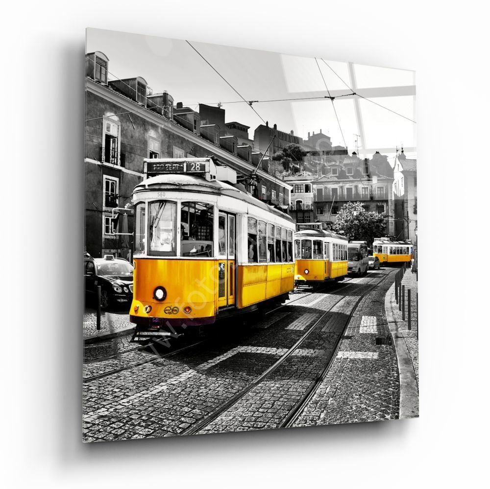 Lizbon Sarı Tramvay Cam Tablo
