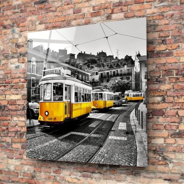 Lizbon Sarı Tramvay Cam Tablo