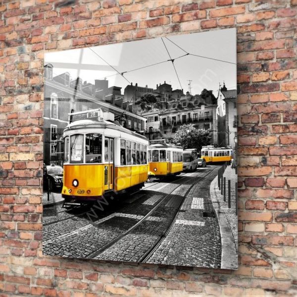 Lizbon Sarı Tramvay Cam Tablo