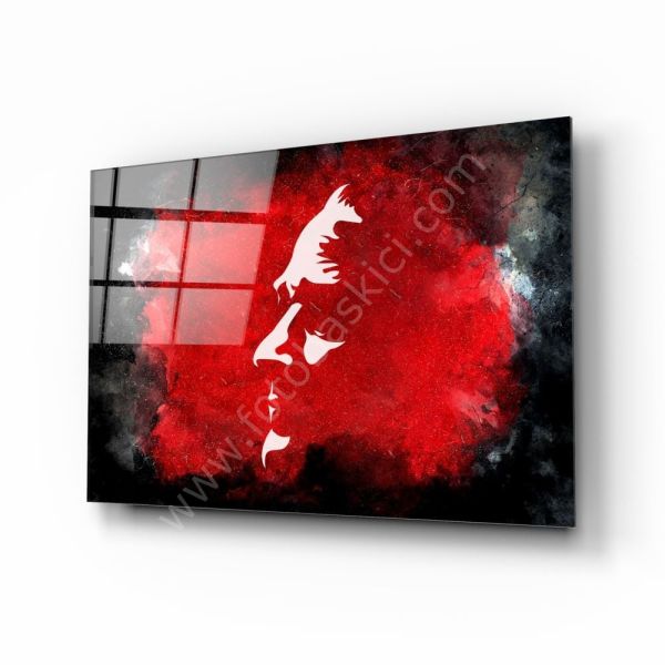 Kırmızı Beyaz Atatürk Silüeti Cam Tablo
