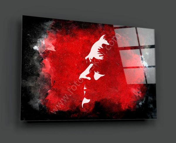 Kırmızı Beyaz Atatürk Silüeti Cam Tablo