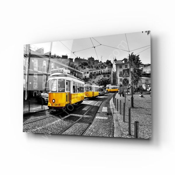 Lizbon Sarı Tramvay Cam Tablo