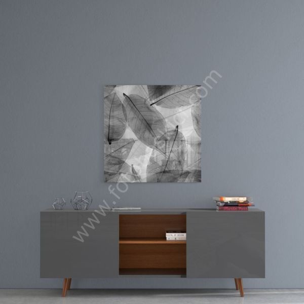 Siyah-Beyaz Yapraklar Cam Tablo 100x100 cm