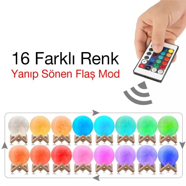 3D Dekoratif Ay Lambası (Uzaktan Kumandalı) 16 Renk