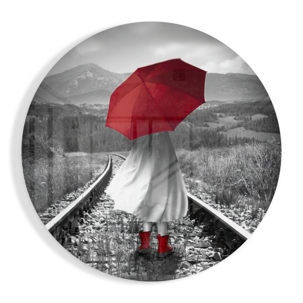 Kırmızı Şemsiyeli Kız Cam Tablo