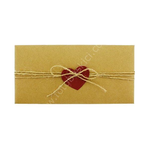 Kırmızı Kalpli ve İpli Kraft Zarf 21x10 cm