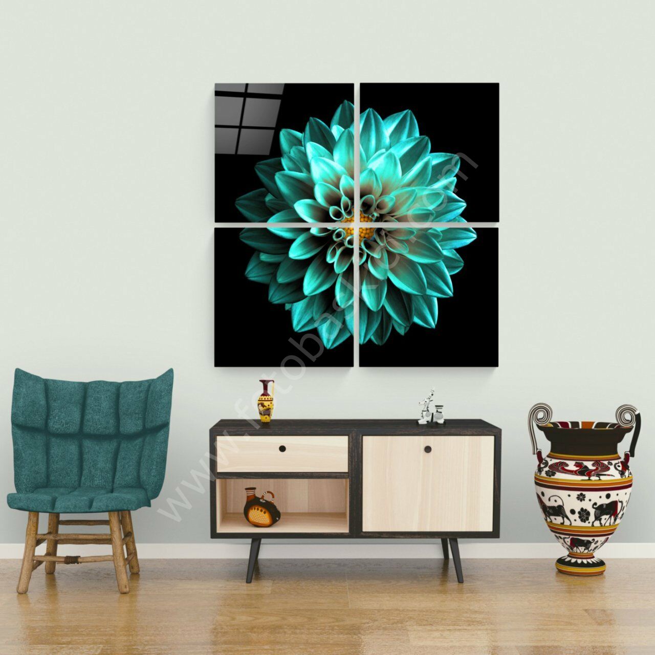 Yeşil Krizantem Quadro Cam Tablo