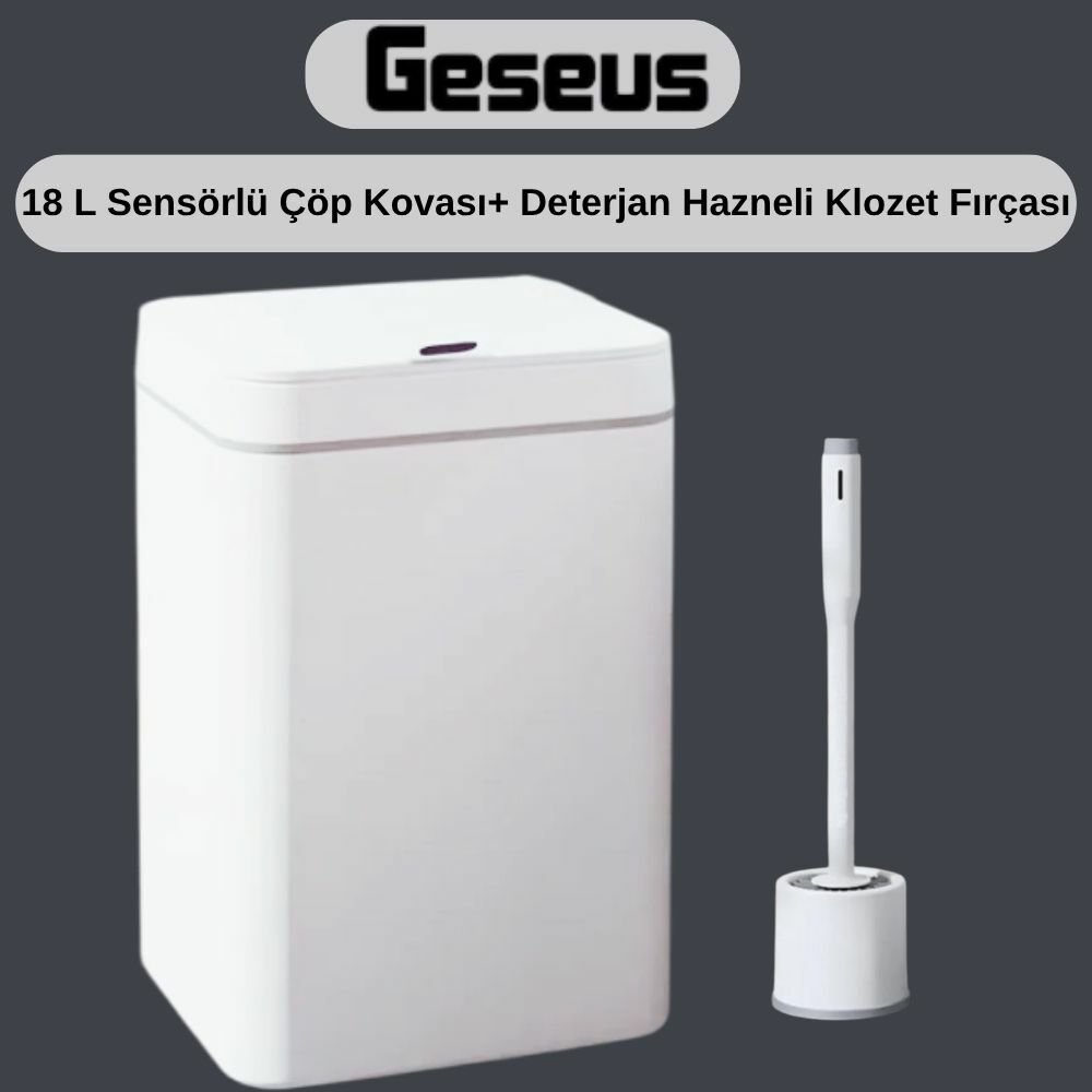 Sensörlü Otomatik Plastik Çöp Kovası 18 Litre + Deterjan Hazneli Silikon Klozet Fırçası