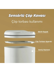 Akıllı Teknolojik Antibakteriyel Sensörlü Çöp Kovası 20 Litre + Duvara Asılabilir Beyaz Silikon Klozet Fırçası