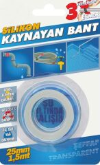 Silikon Kaynayan Çok amaçlı Bant Boru patlak Bandı 3Katına Kadar Esner Su Altında Uygulanabilir 25x1,5Mt-Şeffaf