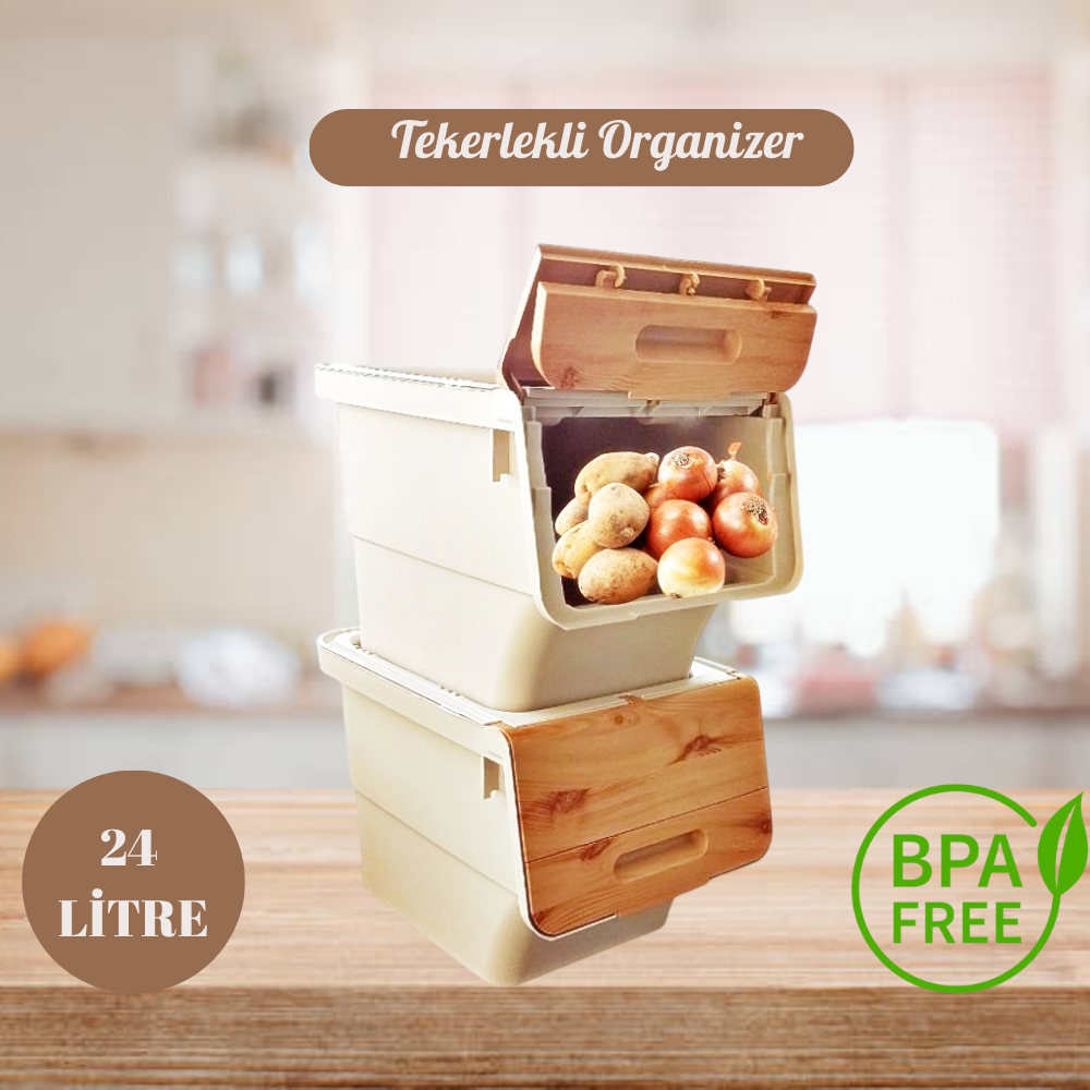 Motek Bambu Tekerlekli Organizer Çok Amaçlı Saklama Kutusu 2X12 Lt