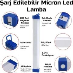 Usb Şarjlı Acil Durum ve Aydınlatma Led Florasan Ev,Kamp,Maden,İşyeri,Balıkcı Lambası 52cm 80W