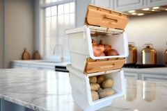 Motek Patateslik Soğanlık Sepeti Oyuncak Kutusu Tekerlekli Organızer Çok Amaçlı Kutu 2X12Lt-Bambu+Krem