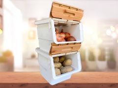 Motek Patateslik Soğanlık Sepeti Oyuncak Kutusu Tekerlekli Organızer Çok Amaçlı Kutu 2X12Lt-Bambu+Krem