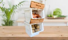 Motek Patateslik Soğanlık Sepeti Oyuncak Kutusu Tekerlekli Organızer Çok Amaçlı Kutu 2X12Lt-Bambu+Krem
