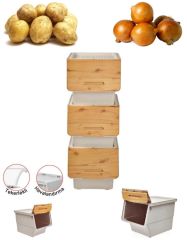 Motek Patateslik Soğanlık Sepeti Oyuncak Kutusu Tekerlekli Organızer Çok Amaçlı Kutu 3X12Lt-Bambu+Krem