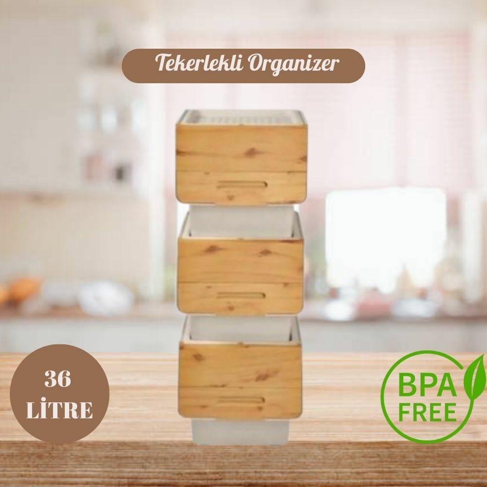 Motek Patateslik Soğanlık Sepeti Oyuncak Kutusu Tekerlekli Organızer Çok Amaçlı Kutu 3X12Lt-Bambu+Krem