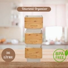 Motek Patateslik Soğanlık Sepeti Oyuncak Kutusu Tekerlekli Organızer Çok Amaçlı Kutu 3X12Lt-Bambu+Krem