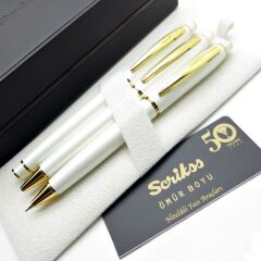 Scrikss 35 3'lü Set Beyaz Altın Dolma Kalem+Tükenmez Kalem+Versatil Kalem İsme Özel Hediyelik Kalem