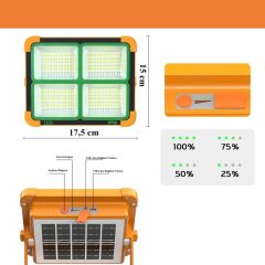 Taşınabilir Solarlı Çalışma Ve Kamp Işığı, Powerbanklı Güneş Enerjili Işıldak,Fener-150W 200 Lümen 264 Ledli-KÇ