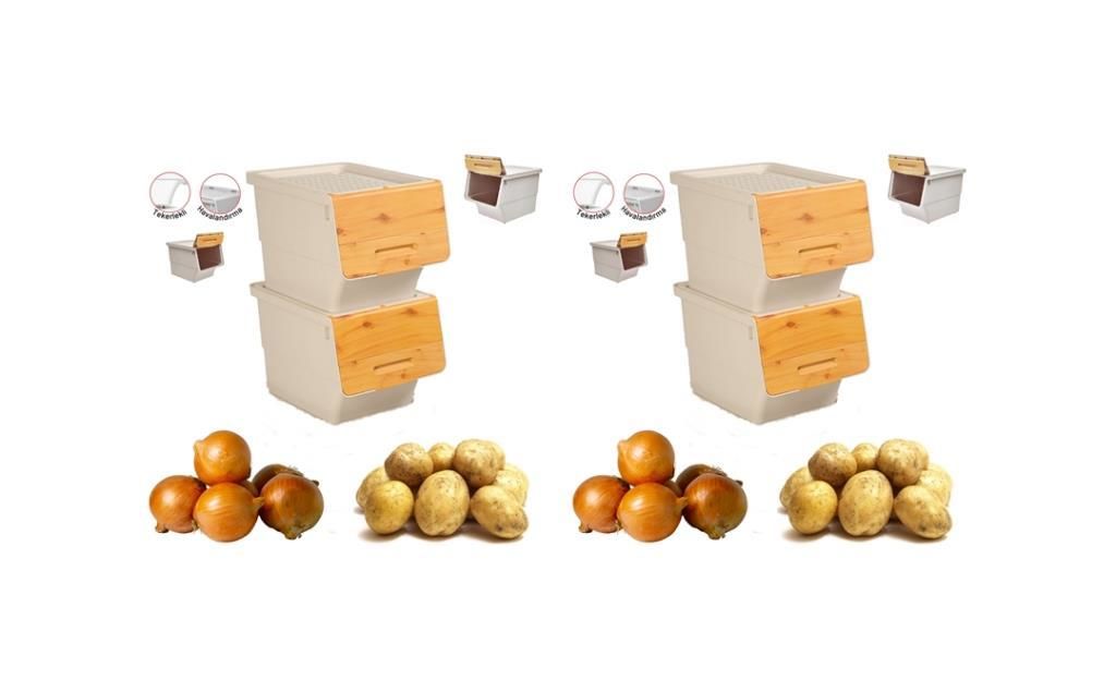 Motek Patateslik Soğanlık Sepeti Oyuncak Kutusu Tekerlekli Organızer Çok Amaçlı Kutu 4X12Lt-Bambu+Krem