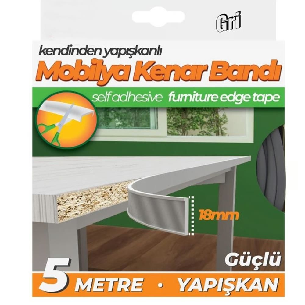 Kendinden Yapışkanlı Masa,Raf,Dolap,Tezgah,Mobilya Kenar Bandı 18mmX5 Metre-Gri