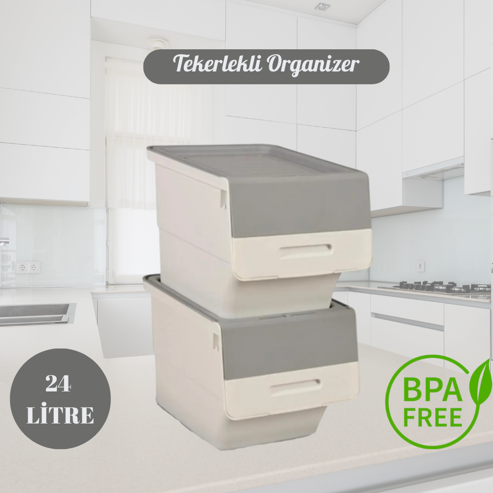 Motek Tekerlekli Patateslik Soğanlık Oyuncak Kutusu Patateslik Soğanlık Sepeti 2X12Lt Beyaz+Gri